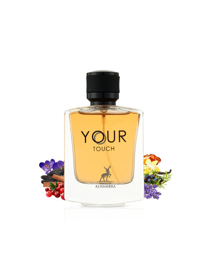 maison alhambra your touch for men perfume bottle surrounded with its ingredients like iris and vanilla with many others  shows from behind the bottle  against white background