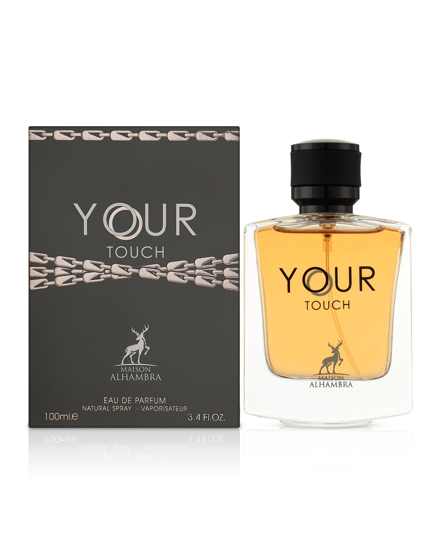 Perfume bottle and packaging of 'Your Touch' by maison Alhambra on a white background
