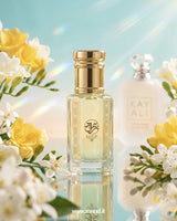 Zaoud attar perfume oil bottle with yellow and white flowers and soft light background, showcasing a fresh floral citrus fragrance.