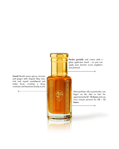 zaoud perfume oil bottle and a gold cap, shown on a white background with descriptive text callouts about its scent profile and portability.