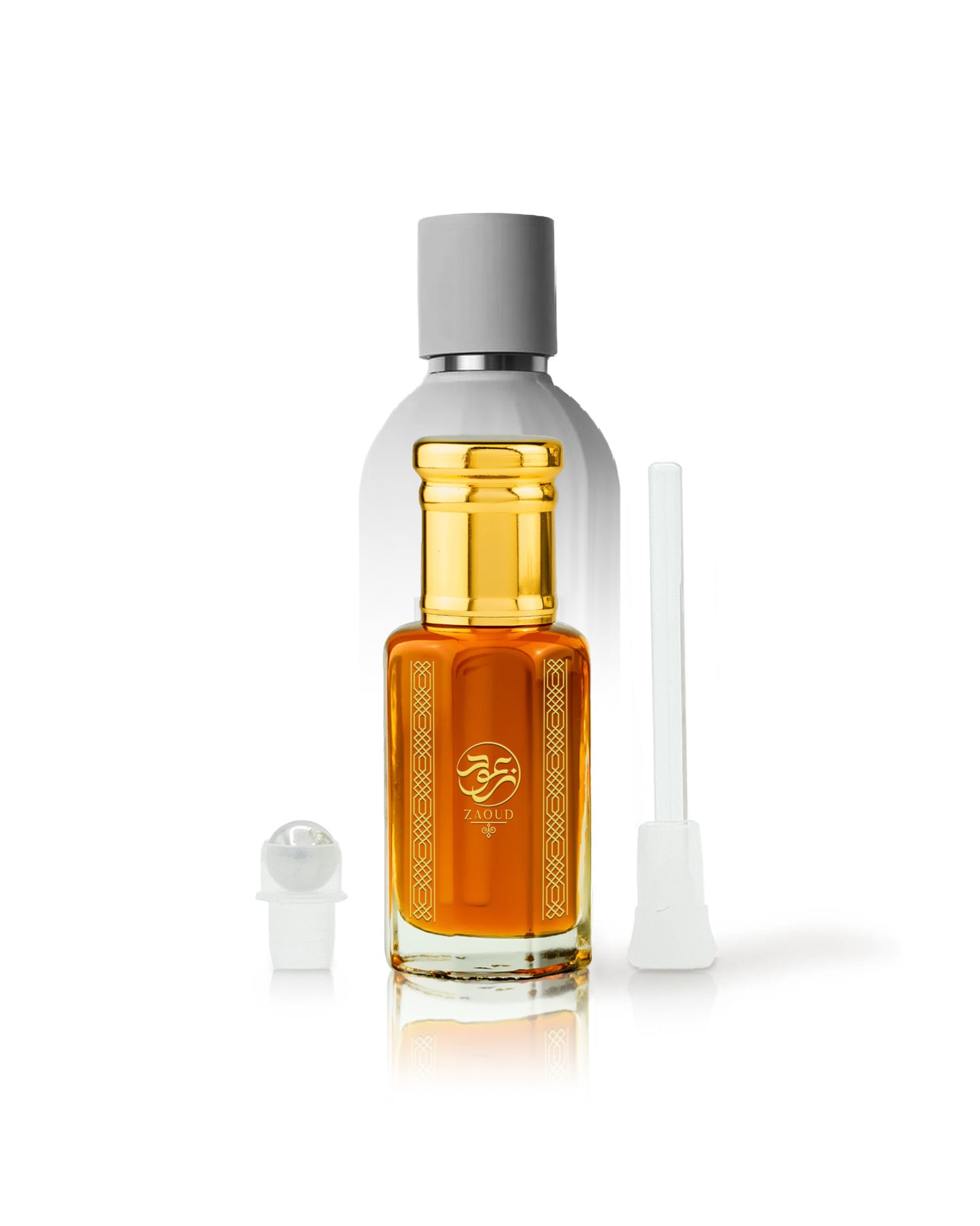 zaoud perfume oil bottle filled with amber liquid, featuring a gray cap, a small white spray atomizer, and a white applicator tip on a clean white background.