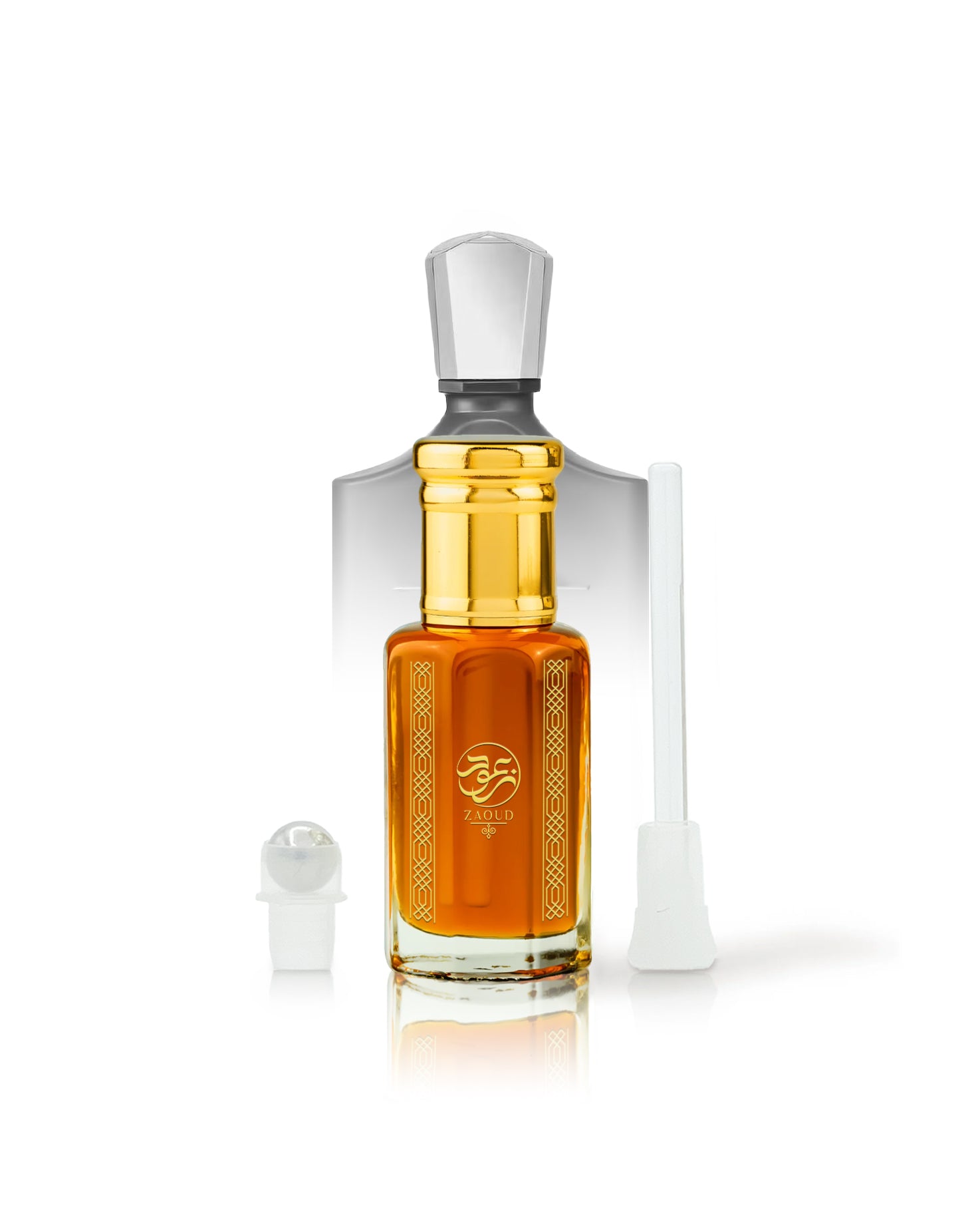 zaoud perfume oil bottle, shown on a white background with its cap removed and a white applicator wand beside it. The bottle has a gold-toned neck and a gold emblem on the front.