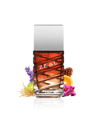 zeal eau de parfum by ajmal perfume bottle surrounded with its ingredients like lavender and citrus shows from behind the bottle against white background