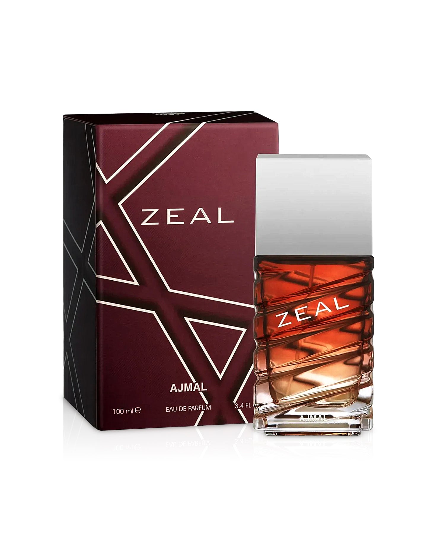 zeal eau de parfum by ajmal perfume bottle shows beside its box against white background