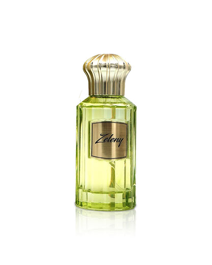 ahmed al Maghribi zeleny perfume bottle shows against white background