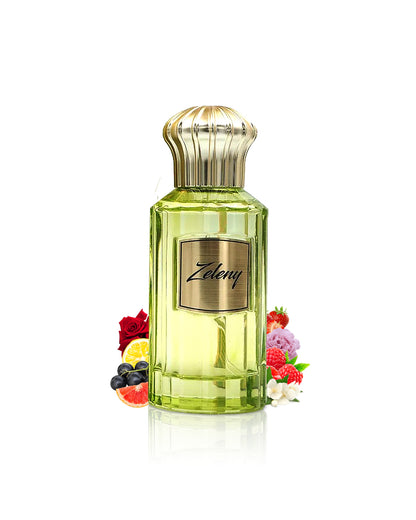 ahmed al Maghribi zeleny perfume bottle surrounded with fragrance notes like rose and jasmine shows from behind the bottle against white background