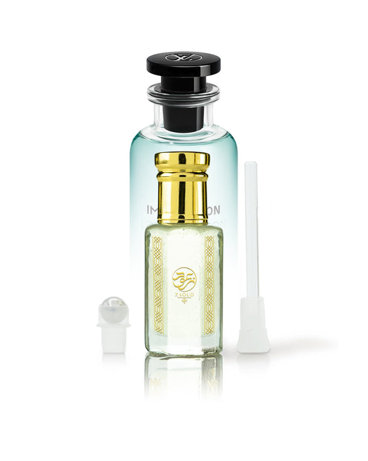 zenith Perfume oil bottle with gold cap and clear container with imagination louis vuitton on a white background