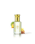 Perfume oil bottle with decorative elements like ginger and citrus on a white background