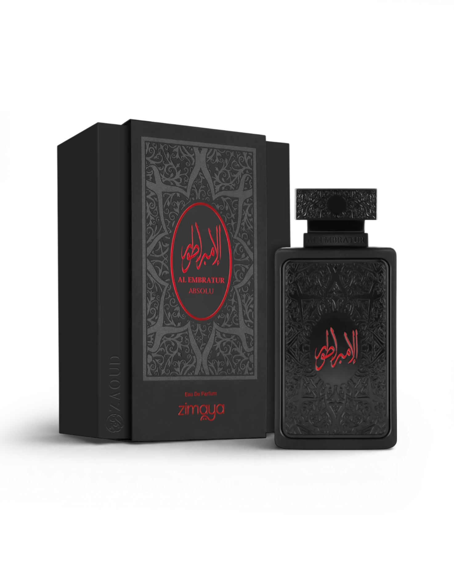 zimaya al embratur absolu perfume bottle shows beside its packaging against white background