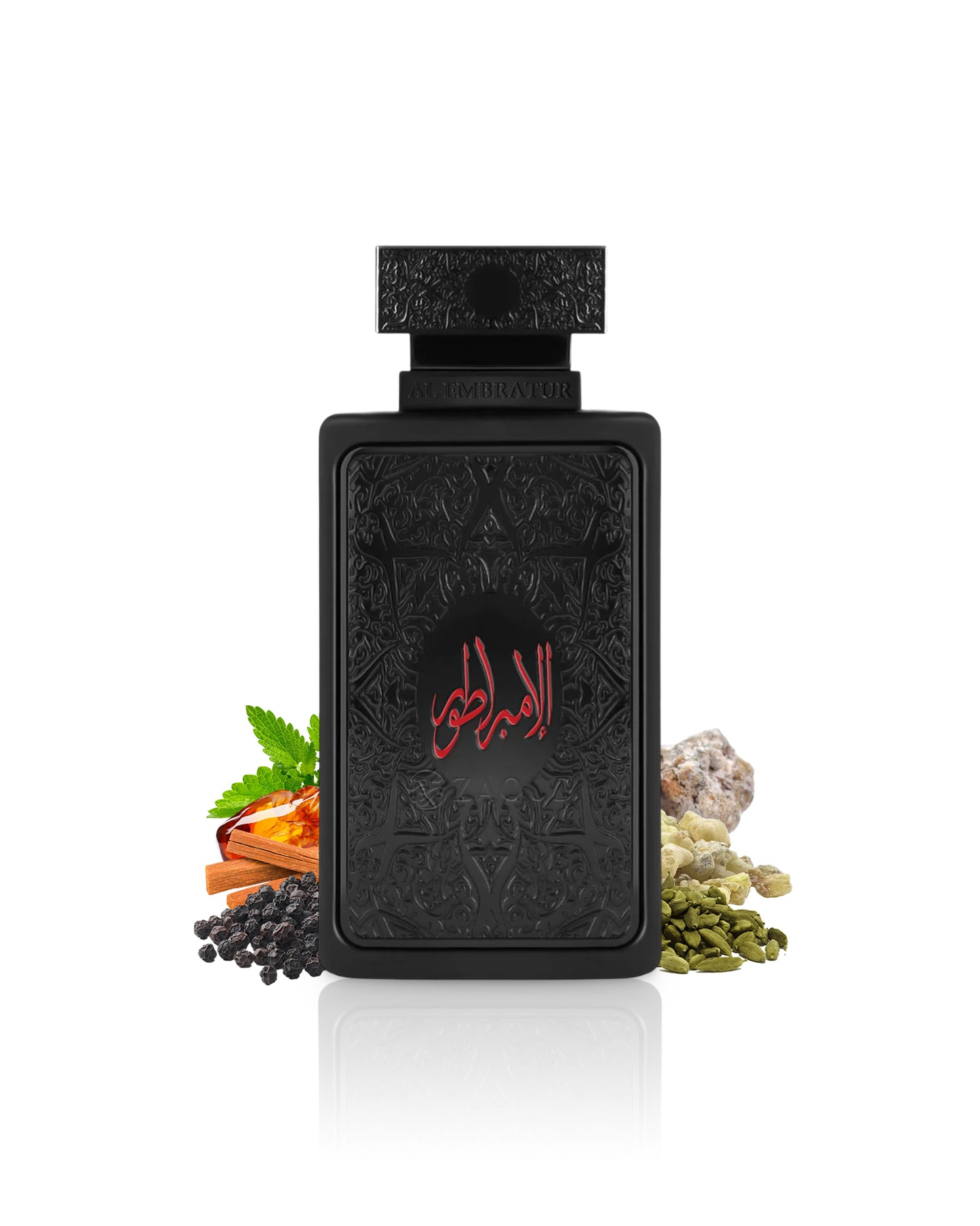 zimaya al embratur absolu perfume bottle surrounded by fragrance notes like peper and cardamom shows against white background