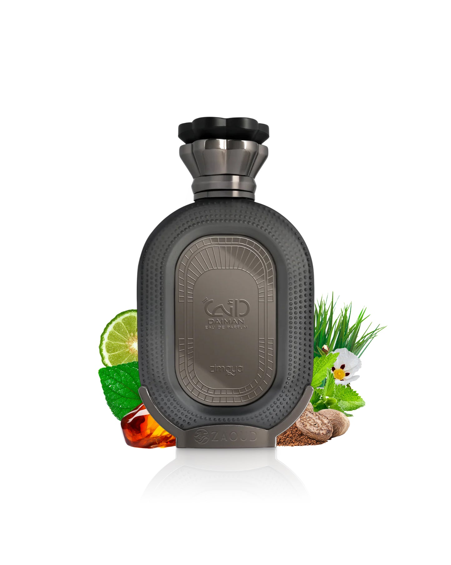 zimaya daiman eclipse perfume bottle surrounded by fragrance notes like nutmeg and amber shows against white background