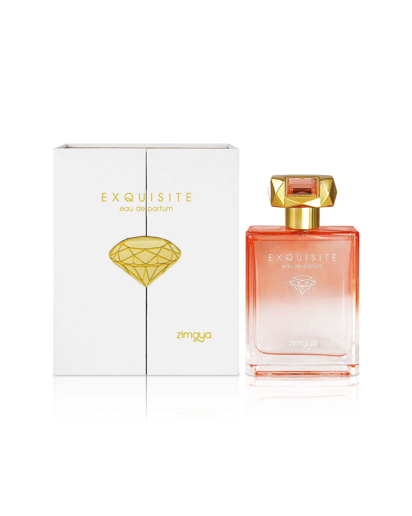 Exquisite by zimaya perfume bottle shows beside its box against white background