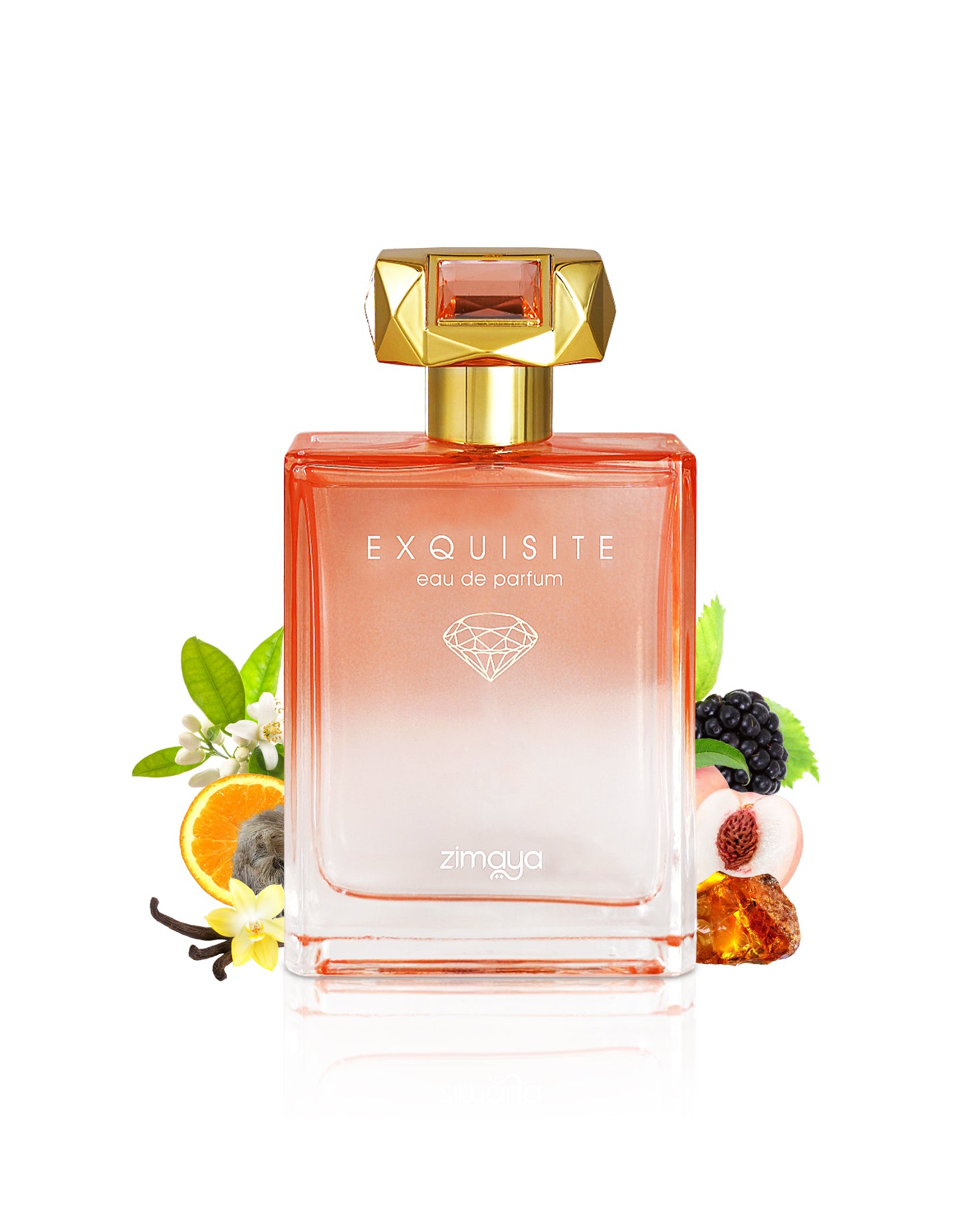 Exquisite by zimaya perfume bottle surrounded with ingredients like vanilla and peach with many others shows from behind the bottle  against white background