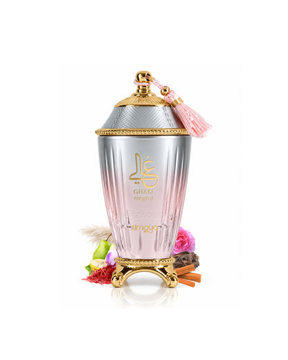 zimaya ghali elegant perfume bottle surrounded with fragrance notes like saffron and sandalwood shows against white background