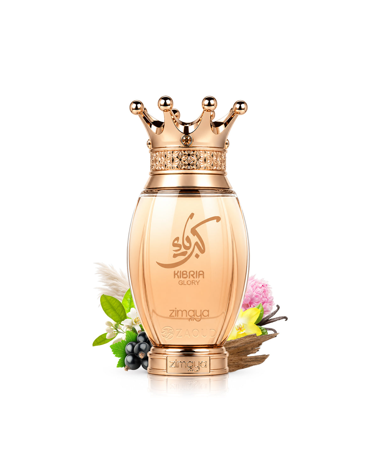 zimaya kibria glory perfume bottle surrounded with fragrance surrounded by oud and flowers shows against white background