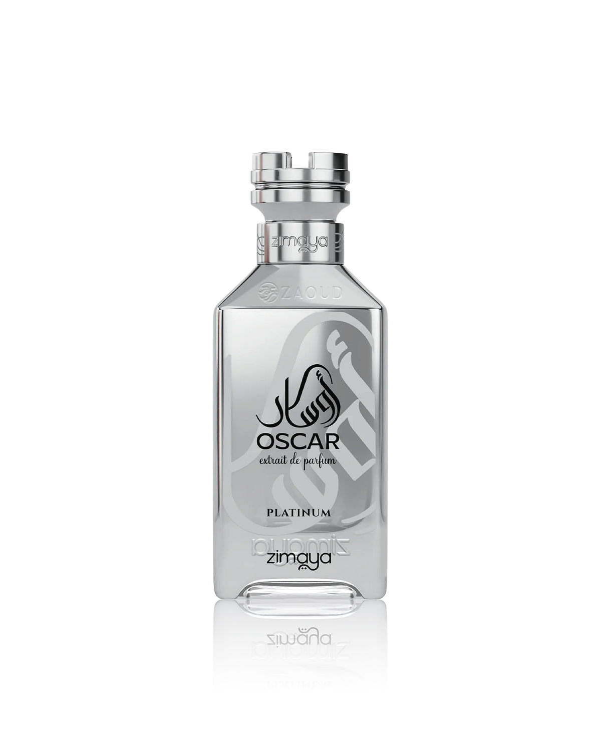 Zimaya Oscar Platinum perfume bottle in a sleek, transparent silver glass design with a metallic cap, shown on a reflective white background.