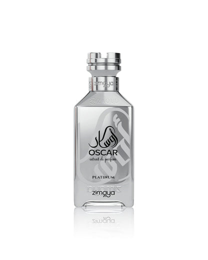 Zimaya Oscar Platinum perfume bottle in a sleek, transparent silver glass design with a metallic cap, shown on a reflective white background.
