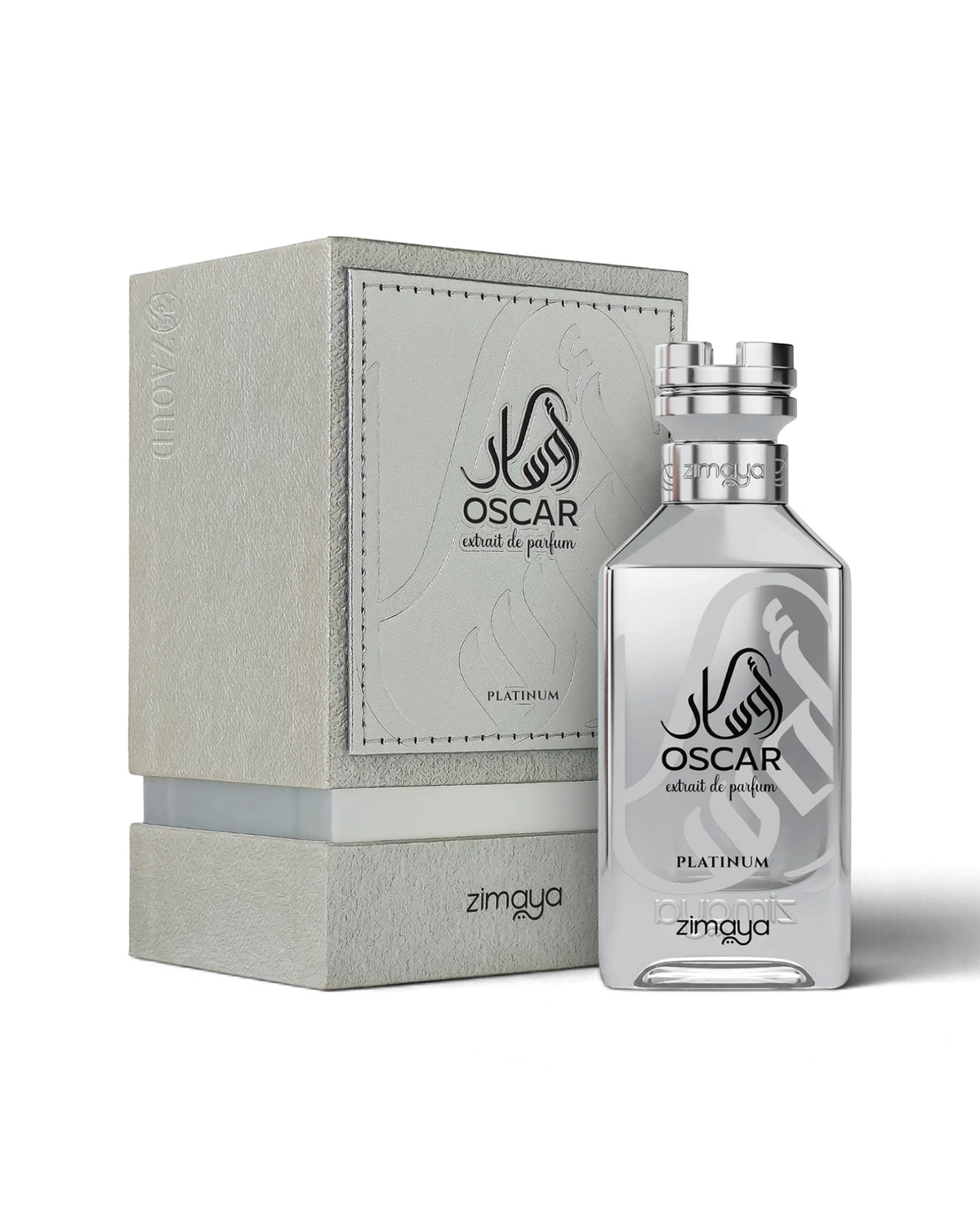 Zimgya Oscar Platinum perfume bottle with a silver cap next to its textured light gray packaging box, on a clean white background.