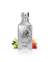 Zimaya Oscar Platinum perfume bottle surrounded by fragrance notes like pepper and basil shows against white background