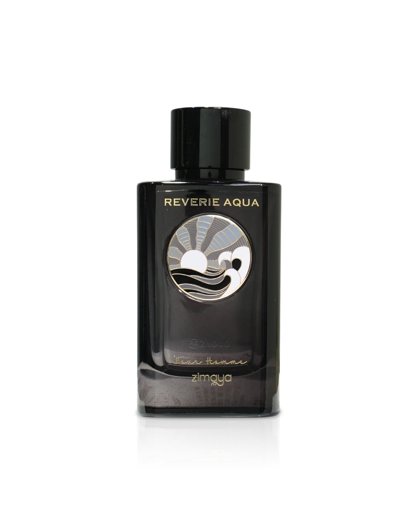 zimaya Reverie Aqua black perfume bottle shows against white background