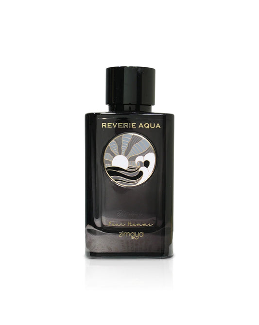 zimaya Reverie Aqua black perfume bottle shows against white background