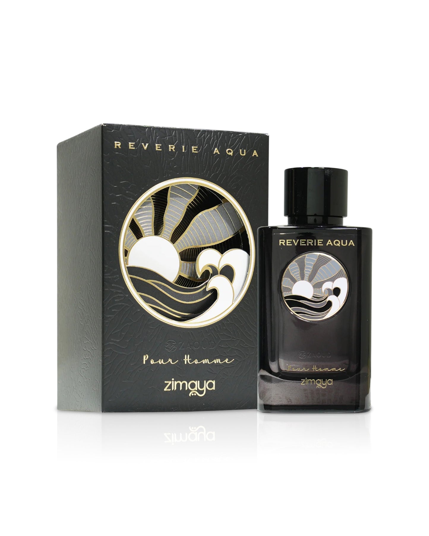 zimaya Reverie Aqua black perfume bottle beside packaging shows against white background