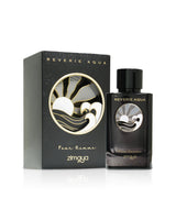 zimaya Reverie Aqua black perfume bottle beside packaging shows against white background