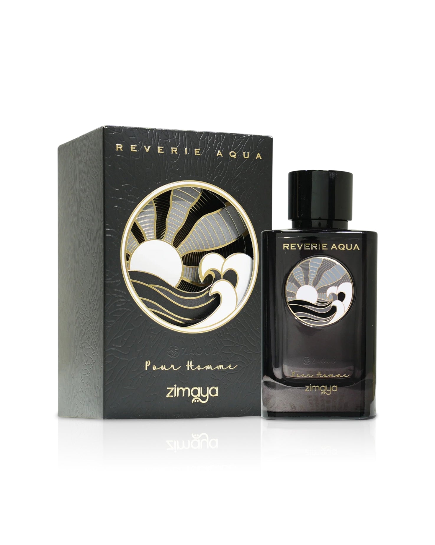 zimaya Reverie Aqua black perfume bottle beside packaging shows against white background