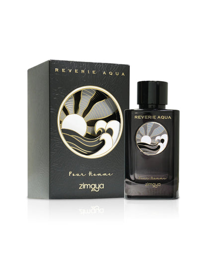 zimaya Reverie Aqua black perfume bottle beside packaging shows against white background