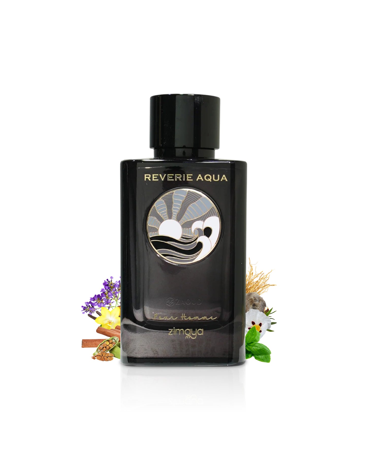 zimaya Reverie Aqua black perfume bottle surrounded by fragrance notes like cardamom and basil shows against white background