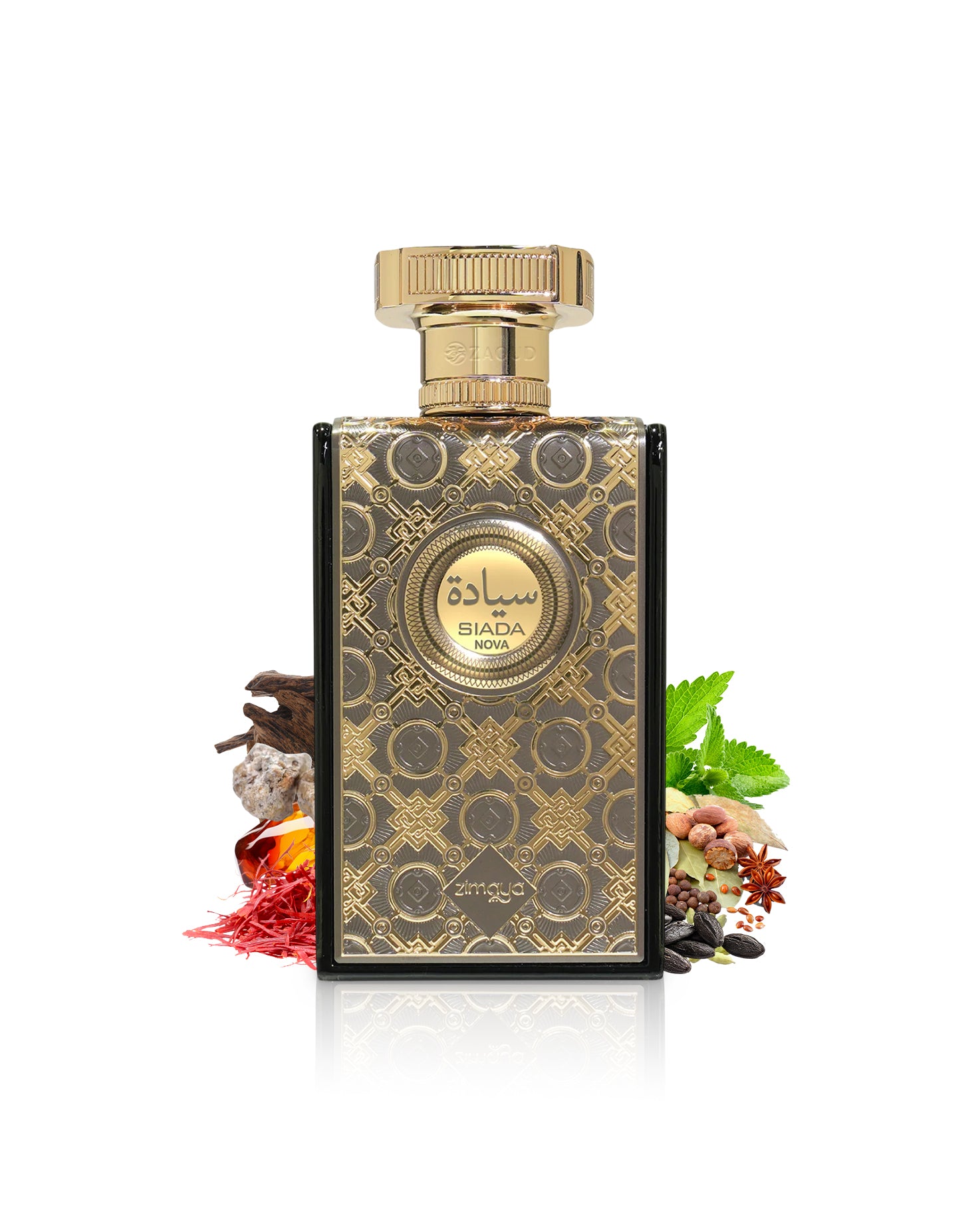 zimaya siada nova perfume bottle surrounded by fragrance notes like saffron and spices shows against white background