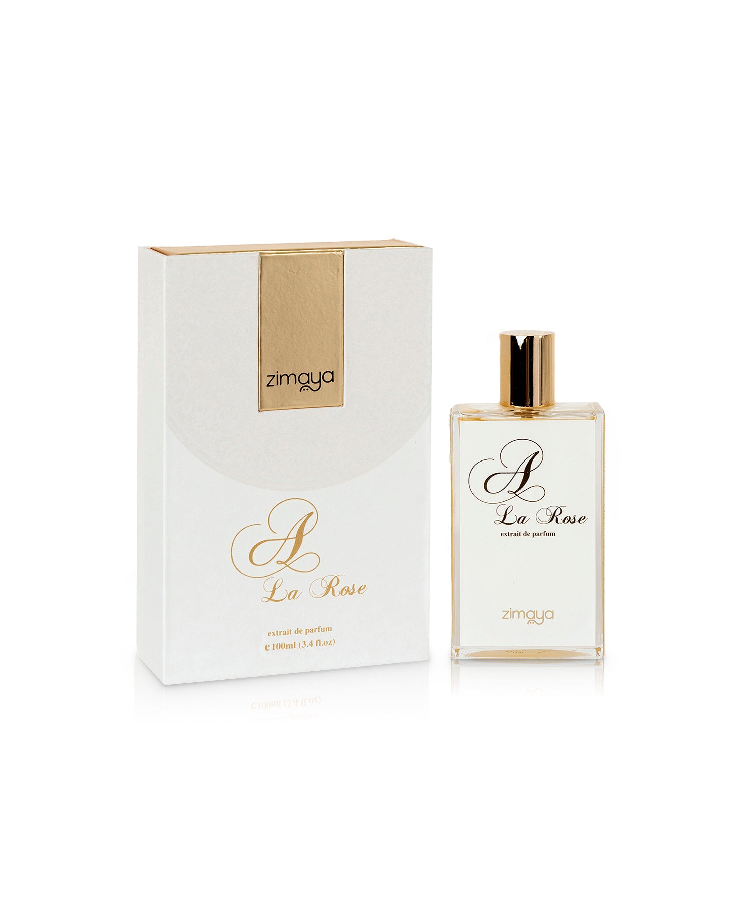 zimaya a la rose extrait de arfum bottle shows beside its box against white background