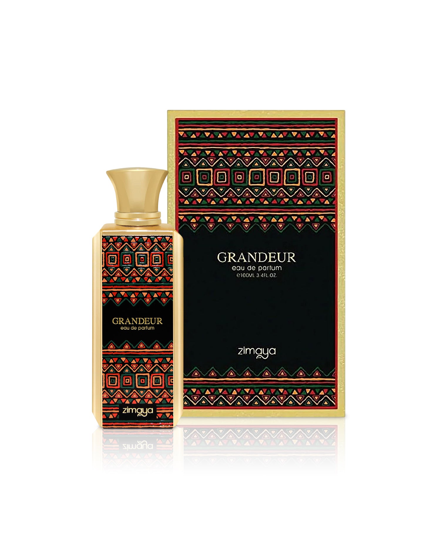 zimaya grandeur perfume bottle shows beside its box against white background