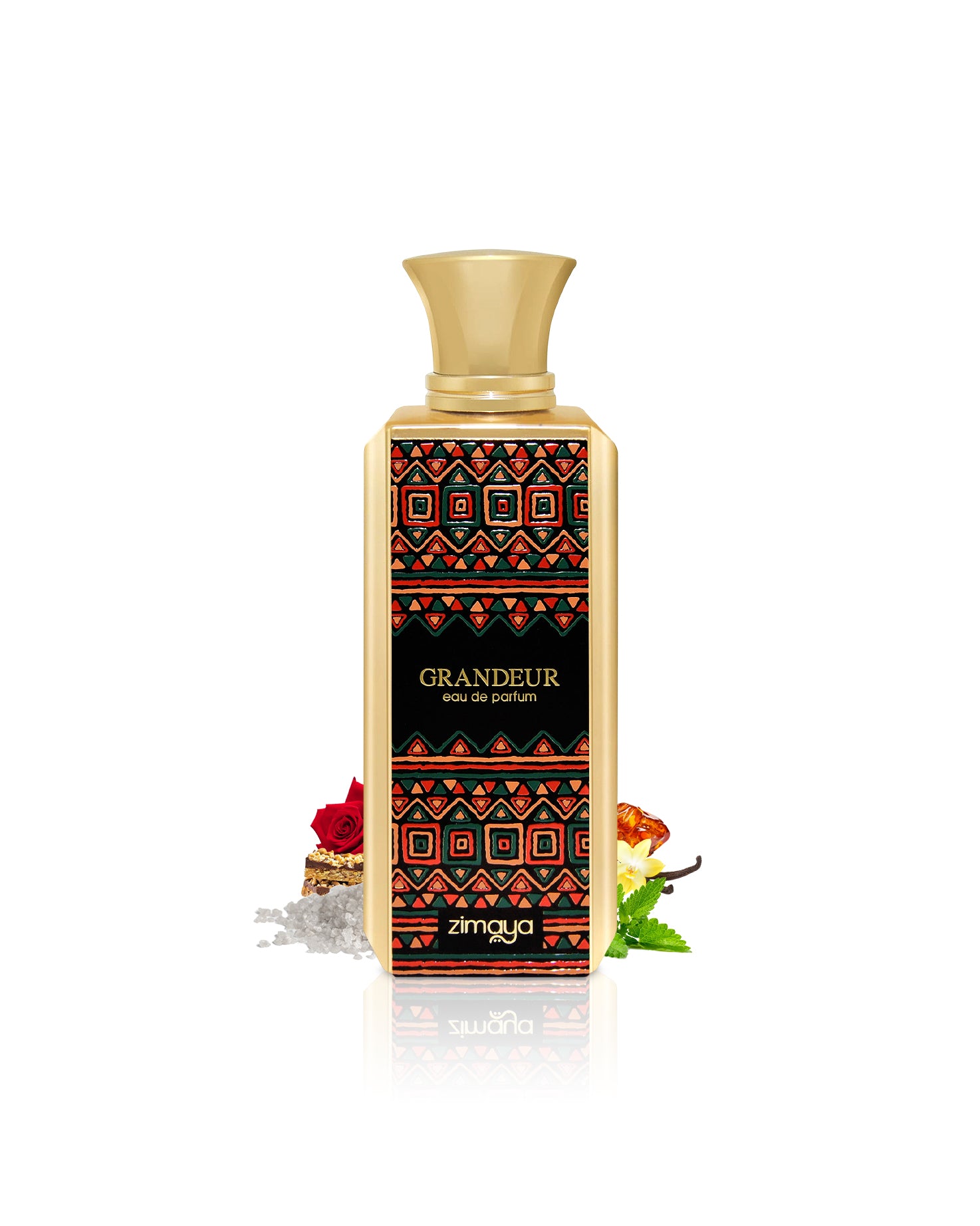 zimaya grandeur perfume bottle surrounded with fragrance notes like salt and rose shows against white background