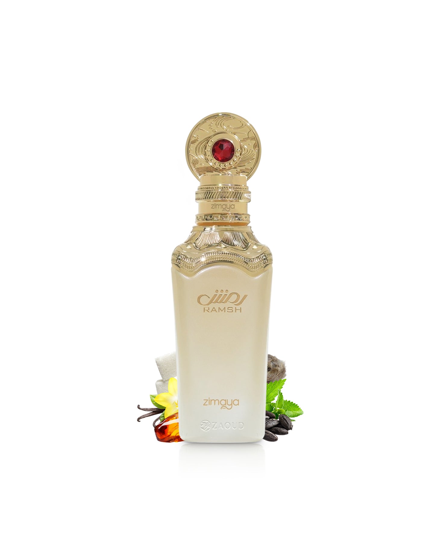zimaya ramsh diva perfume bottle surrounded with fragrance notes like amber and vanilla shows against white background