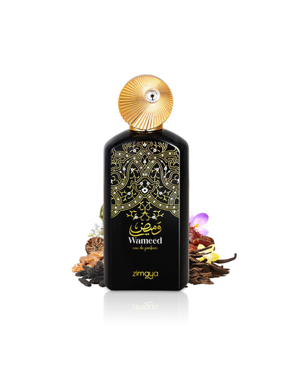 zimaya wameed perfume bottle surrounded with fragrance notes like tonka beans and vanilla shows from behind the bottle against white background