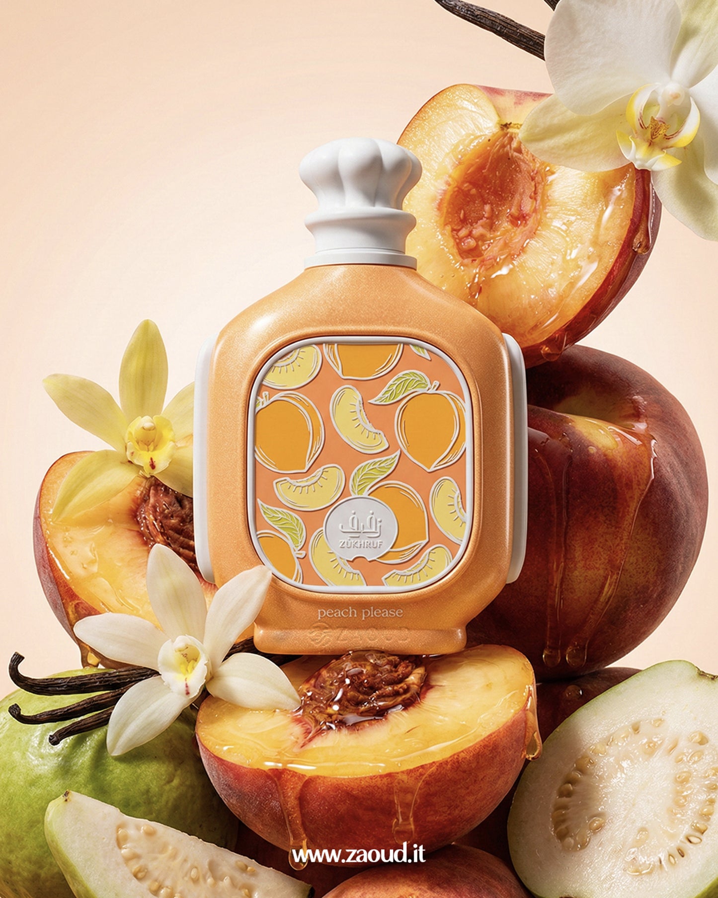 zimaya-zukhruf-peach-please-edp surrounded by peaches and vanilla beans on a light background