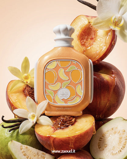 zimaya-zukhruf-peach-please-edp surrounded by peaches and vanilla beans on a light background