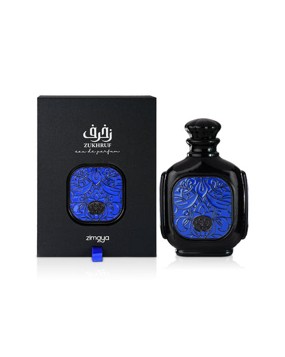 zukhruf black by zimaya perfume bottle shows beside its box against white background