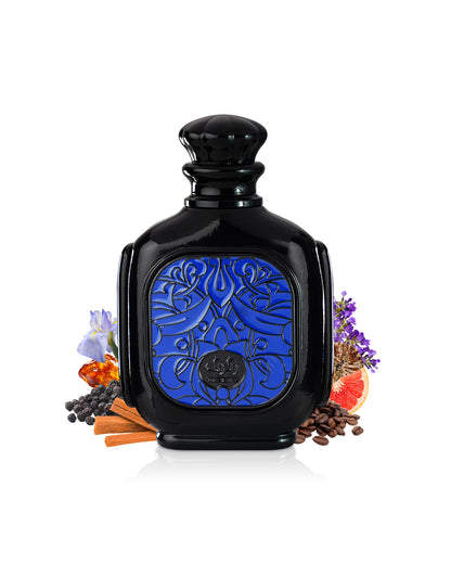 zukhruf black by zimaya perfume bottle surrounded with its ingredients like iris and amber with many others shows from behind the bottle against white background