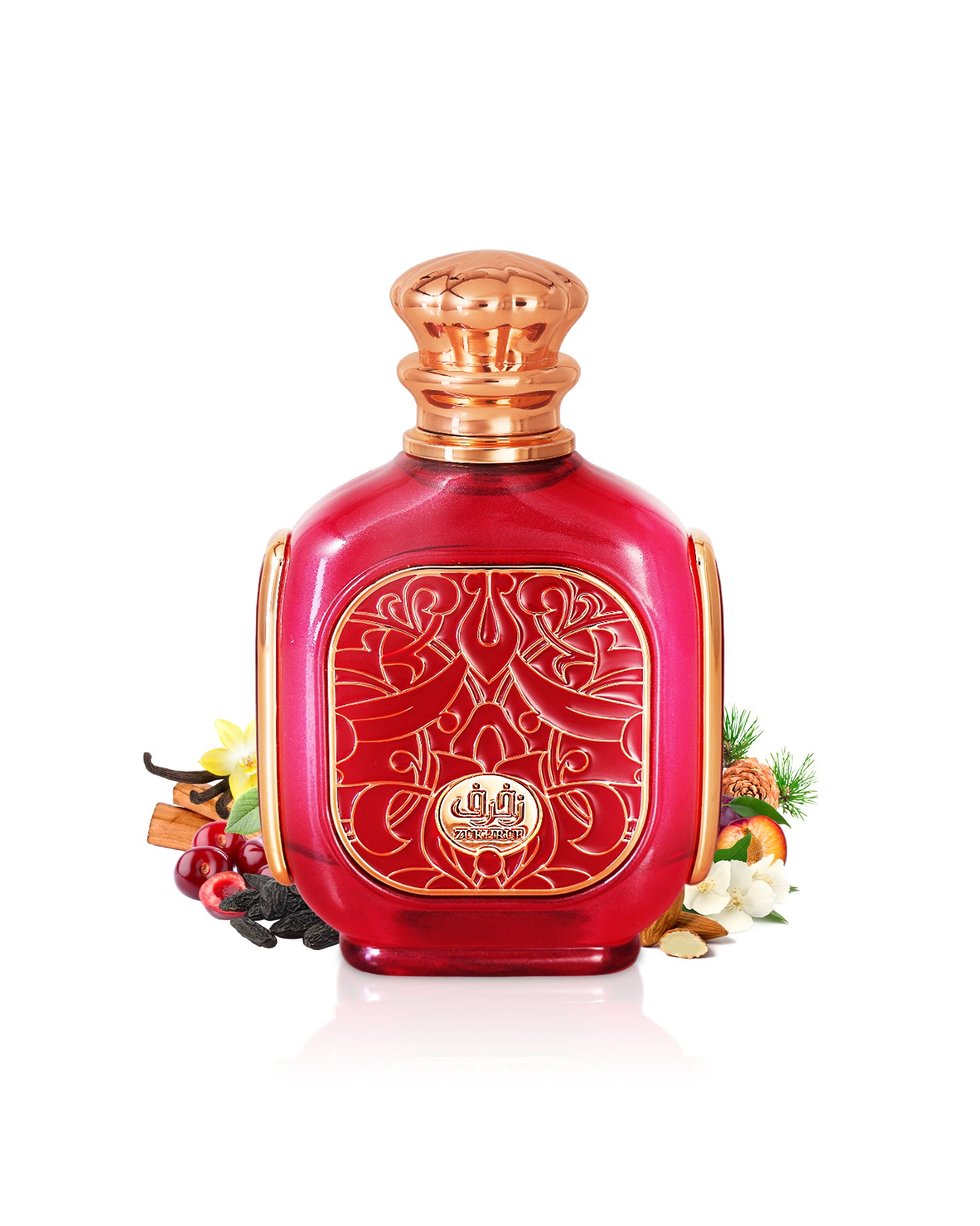 zimaya zukhruf cherry perfume bottle surrounded with tonka and almond shows against white background