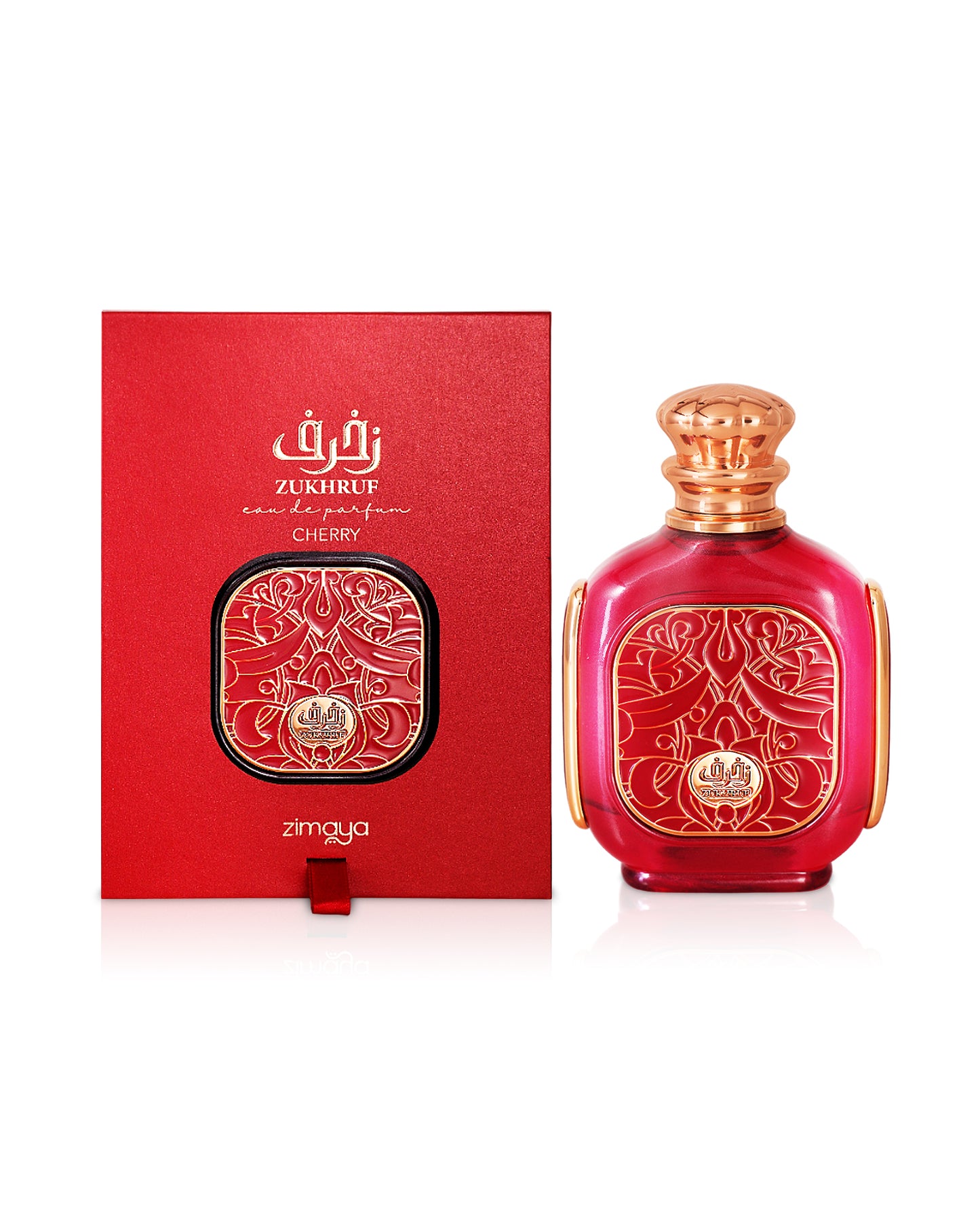 zimaya zukhruf cherry perfume bottle shows beside its box against white background