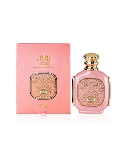 zimaya zukhruf pink for women perfume bottle shows beside its box against white background