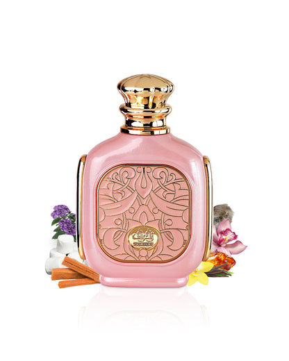 zimaya zukhruf pink for women perfume bottle surrounded with its ingredients like heliotrop and vanilla with many others shows from behind the bottle against white background