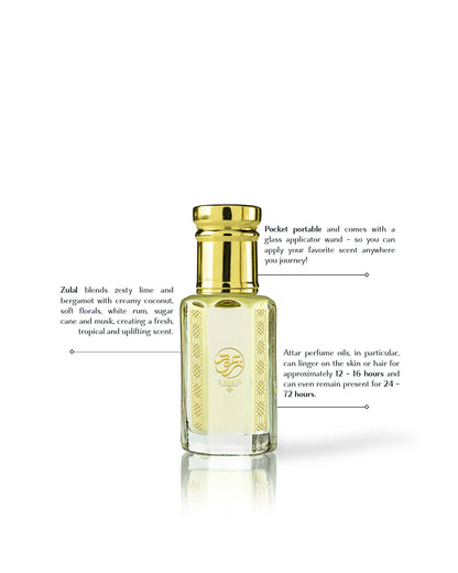zulal perfume oil bottle with a gold cap and gold-embossed label, shown on a white background with descriptive text callouts.
